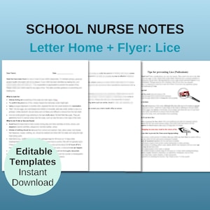 Plantillas de cartas para enfermeras escolares, Notas de enfermería editables para el hogar, Boletín informativo para enfermeras escolares, Piojos, Herramientas de oficina para enfermeras escolares, Nota para padres