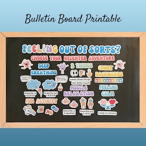 Op de afbeelding: Een printbaar prikbord met een zwarte achtergrond en een licht houten frame. Het bord bevat kleurrijke tekst en illustraties met tips voor het omgaan met gevoelens, waaronder "Feeling Out of Sorts?" en "Deep Breathing."