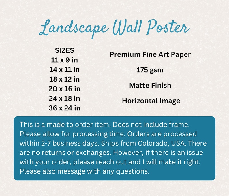 Puede incluir: Gr&aacute;fico turquesa con el texto "Landscape Wall Poster" y opciones de tama&ntilde;o en cm, que van desde 27,9 x 22,9 cm hasta 91,4 x 61 cm. Detalles: papel art&iacute;stico de primera calidad, 175 g/m&sup2;, acabado mate e imagen horizontal.