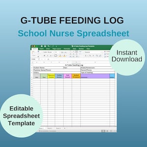 School Nurse G-Tube Feeding Log: Editable Excel Spreadsheet (Digital Download)