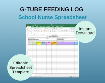 Registro de alimentación por sonda gástrica de la enfermera escolar: Hoja de cálculo de Excel editable (descarga digital)
