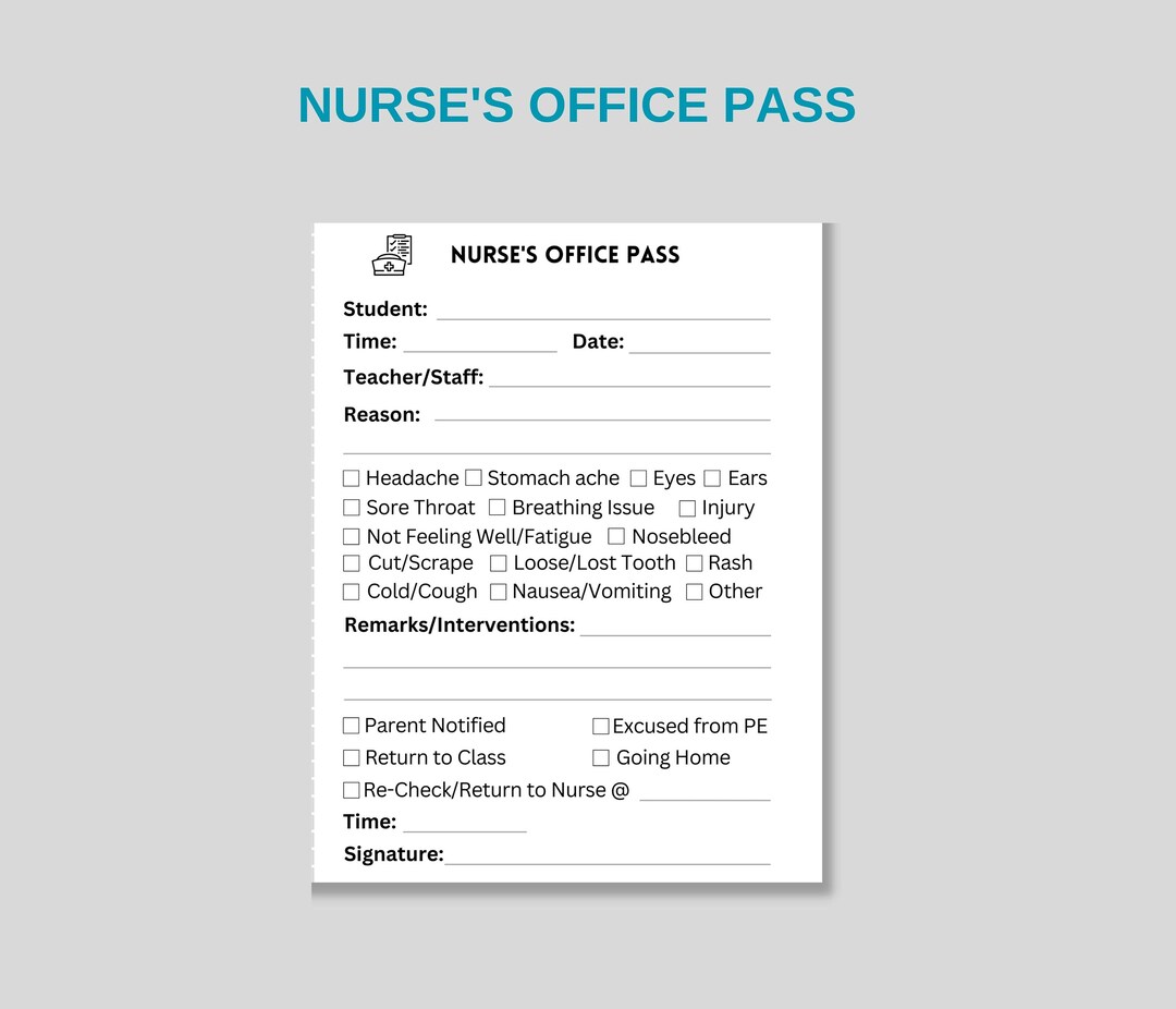 School Nurse Form Printable School Nurse Office Pass School - Etsy