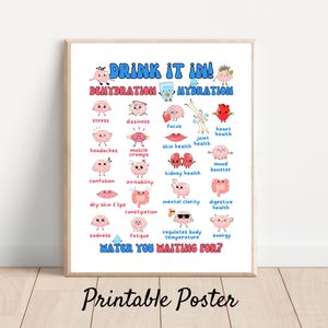 Op de afbeelding: Een ingelijste, bedrukbare poster met de tekst "DRINK IT IN!" en "WATER YOU WAITING FOR?" in blauw en rood. De poster illustreert de effecten van uitdroging en hydratatie met cartoonorganen en tekst.