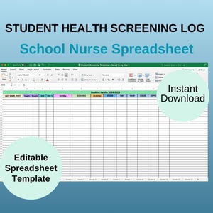 Puede incluir: Una plantilla de hoja de cálculo digital para el cribado de la salud de los estudiantes, etiquetada como "Student Health Screening Log" y "School Nurse Spreadsheet". Incluye campos editables para la entrada de datos, con el texto "Instant Download" y "Editable Spreadsheet Template".