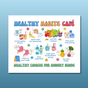 School Nurse Poster, Healthy Habits Cafe, Nutrition Classroom Sign, School Nurse Decor, Nurse Office Poster, Educational Posters for Kids