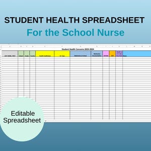 School Nurse Log Spreadsheet, Student Health Concerns Template, School Nurse Charting, Student Health Condition Organizer, Health Office Log