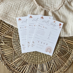 Hallo Baby Tippkarte | Spiel Babyparty | Ausfüllkarte | Ratespiel und Wünsche für Babyshower | Boho (Nr. 121-01)