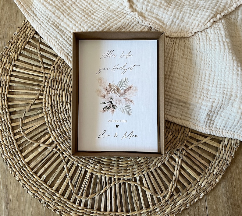 Geldgeschenk zur Hochzeit Geschenkbox Personalisierte Karte aus Leinenkarton mit Leinensäckchen und Garn Hochzeitsgeschenk Boho image 5