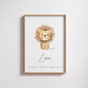 Poster personalisiert mit Geburtsdaten und Name | Deko Junge Mädchen Kinderzimmer | Geschenk Geburt / Taufe | Geburtsposter Löwe (Nr.920-01)