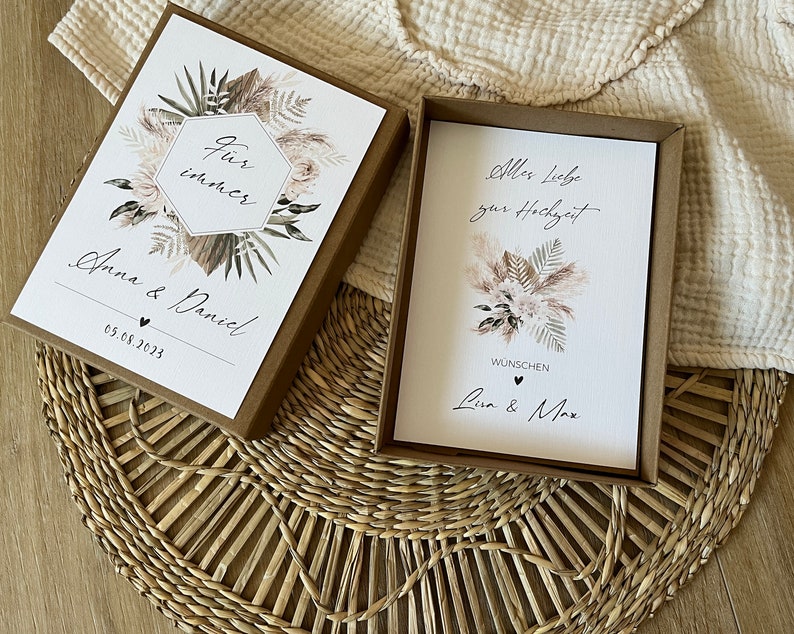 Geldgeschenk zur Hochzeit Geschenkbox Personalisierte Karte aus Leinenkarton mit Leinensäckchen und Garn Hochzeitsgeschenk Boho image 4