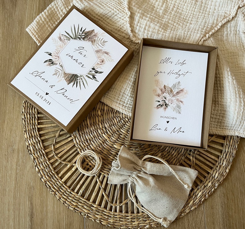 Geldgeschenk zur Hochzeit Geschenkbox Personalisierte Karte aus Leinenkarton mit Leinensäckchen und Garn Hochzeitsgeschenk Boho image 6