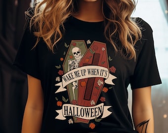 Camiseta con estampado de esqueleto de Halloween en ataúd para mujer, por tiempo limitado, "Wake Me Up When It's HALLOWEEN", talla grande hasta 5XL