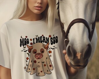 ¡MOO para mujer, quiero decir BOO! Camiseta con gráfico moderno de fantasma de vaca occidental de Halloween, por tiempo limitado, talla grande hasta 5XL