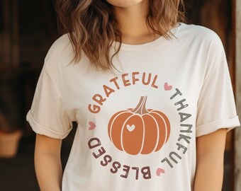 Camiseta gráfica de moda para mujer, GRATEFUL, THANKFUL & BLESSED, tiempo limitado, Acción de Gracias, otoño, talla grande hasta 5XL