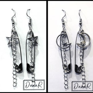 Chain Safety Pin Silver Star and Moon Earrings | Gothic Celestial Fairycore Grunge Emo Alt Jewellery Witchy Occult Korean Kpop Edgy Punk Y2K