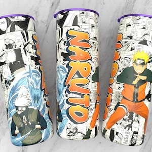 May include: Three stainless steel tumblers with purple lids. Each tumbler features a black and white manga-style design with orange accents and the word "NARUTO". One tumbler has a blue dragon and a character in a green vest. Another has a character in an orange jumpsuit.