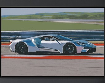 Ford GT Large 48 x 32 Framed Canvas Artwork, Mustang Wall Art, Shelby Racing Poster, Sports Car Poster, Garage Decor Gift for Car Guys