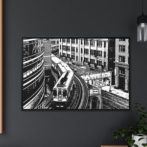Chicago Cityscape, Modern, Canvas Print, Large, Framed, Chicago El Train, Wall Art, Office or Home Decor, Gift for Cosmopolitans