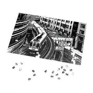Fun on Snowy Days, Chic Chicago EL Black and White Jigsaw Puzzle, Perfect as a Birthday Gift for Him or Her -  252, 500, or 1000 Pieces.