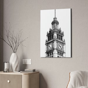 Chicago Icon, Dramatic X-Large Canvas Print, Wrigley Clock Tower, Wall Art, Office or Home Decor, Gift for Chicago History Buffs
