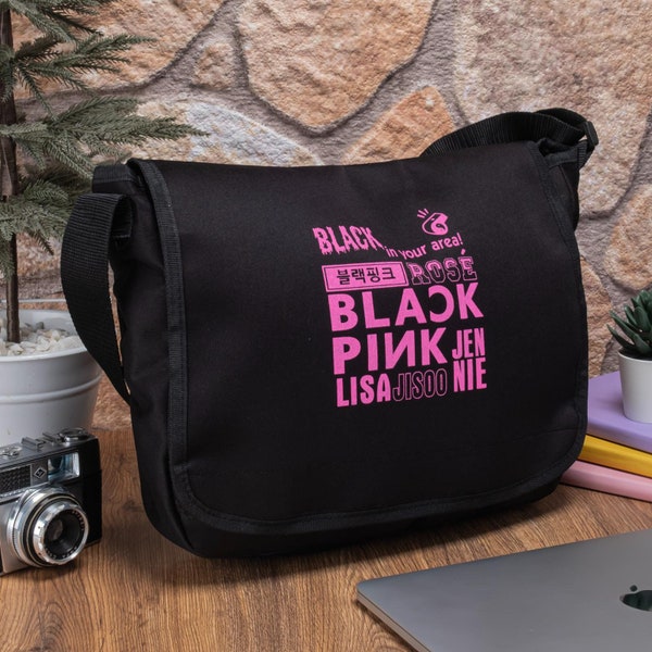Black Pink Messenger Bag, Crossbody Bag, Book Bag, Black Messenger Bag