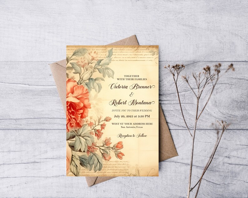 Vintage Wedding Invitation Set of 10 Personalized Floral Wedding Cards