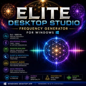 May include: Elite Desktop Studio Frequency Generator for Windows software features a dark background with glowing sacred geometry, sound wave graphics, and text detailing session builder, solfeggio tones, and ambient audio capabilities.
