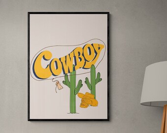 Cowboy wall print, farmhouse decor, western art, home decor, wall art prints, anniversary gift, boho art, retro wall art, vintage art