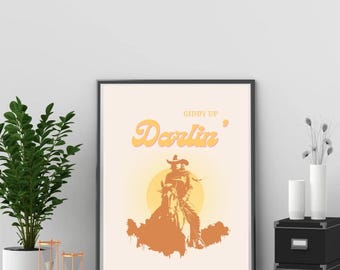 wydruk do pobrania, sztuka ścienna w stylu western, wydruk kowbojki, wystrój domu w stylu western, prezenty dla niej, prezent na parapetówkę, dekoracja ścienna w stylu kowboja, sztuka o koniach
