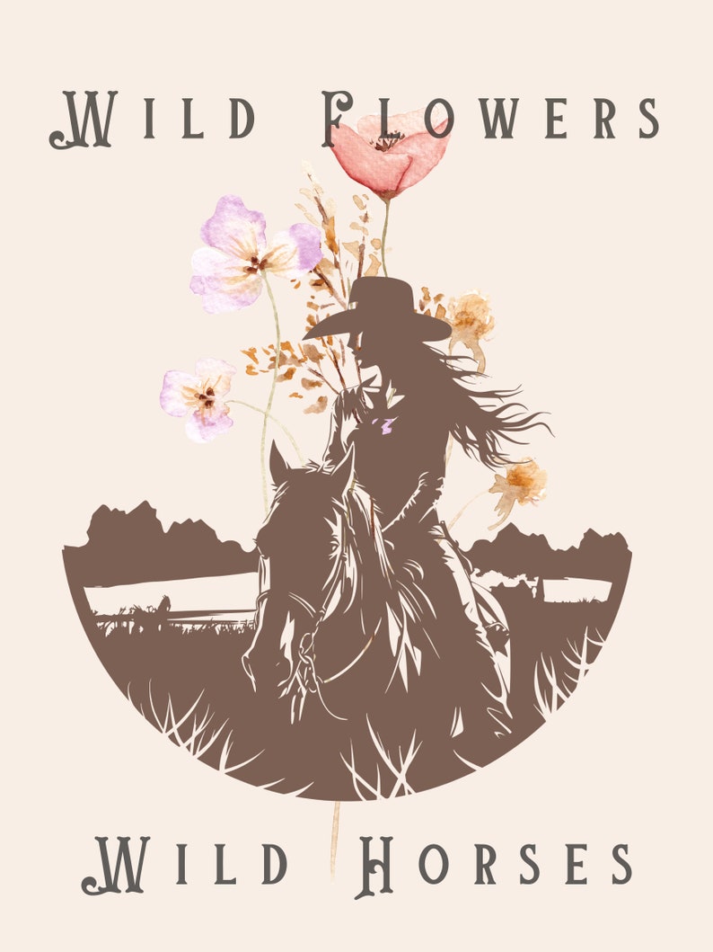 Puede incluir: Una silueta de una mujer montando a caballo a trav&eacute;s de un campo de flores silvestres. El texto "WILD FLOWERS" est&aacute; en la parte superior de la imagen y "WILD HORSES" en la parte inferior.