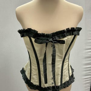 Burlesque Corset Professional Steel Boned Waist Trainer Ivory Taffeta Black Ruffle Trim Waist Size 32
