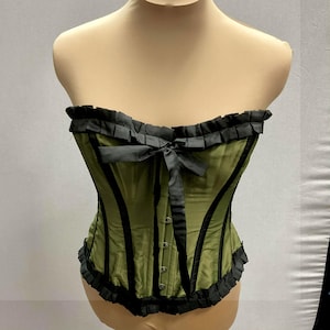 Burlesque Corset Professional Steel Boned Waist Trainer Olive Army Green Taffeta Black Ruffle Trim Waist Size 28