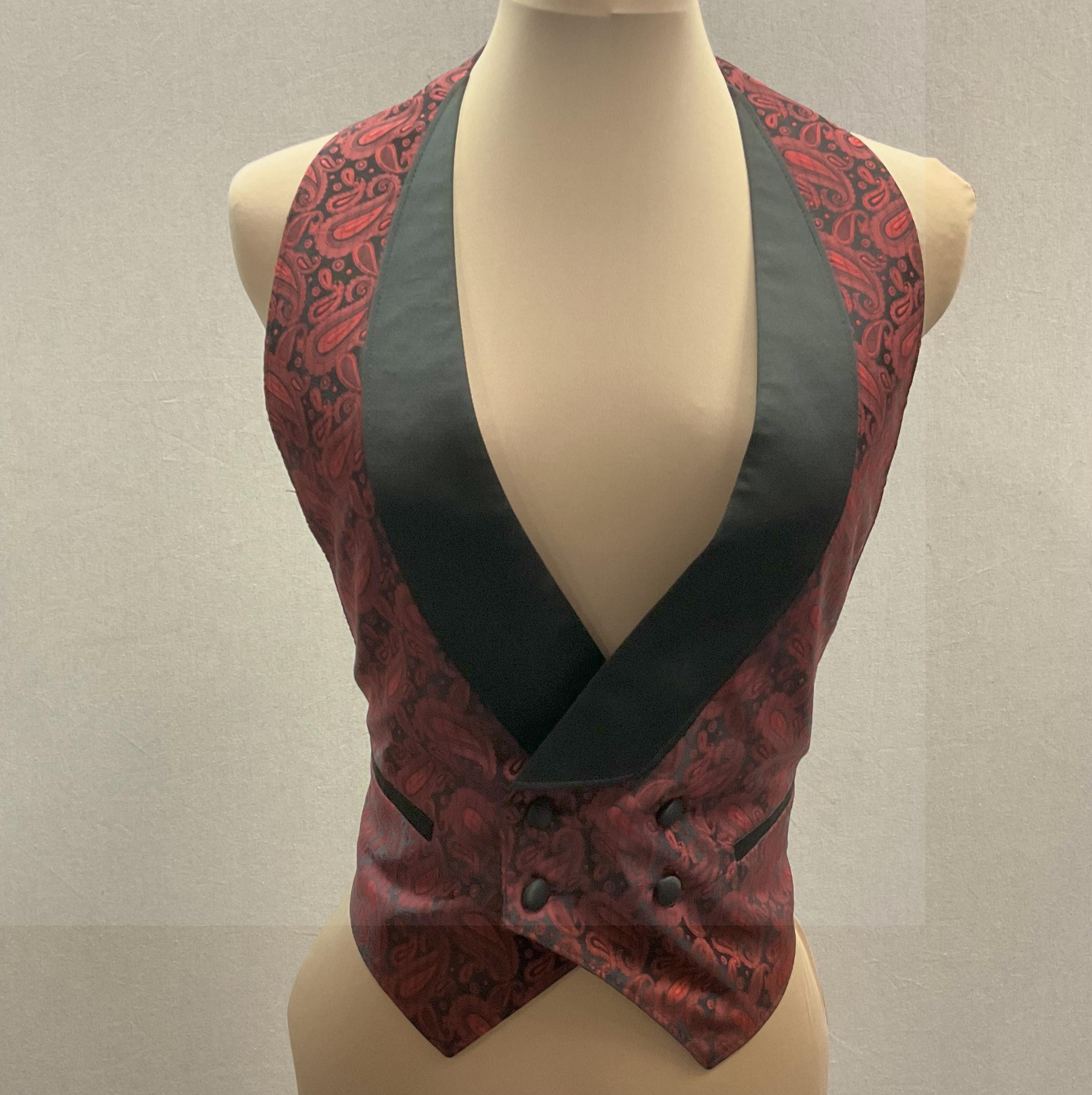 Vintage Red and Black Paisley Striped Tuxedo Half Vest