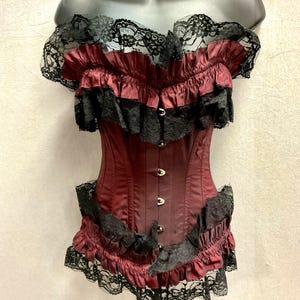 Burlesque Corset Professional Steel Boned Waist Trainer Burgundy Taffeta Black Lace Trim