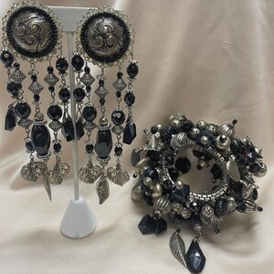 Vintage Bracelet & Earring Set Mid Century 70&#39;s 80&#39;s Style Silver Tone Black Facet Beads