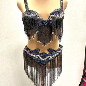 Professional Belly Dance Black Iridescent Sequin & Beaded Bra Top and Belt Size L