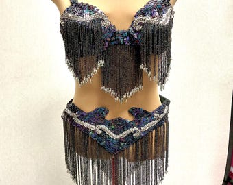 Professional Belly Dance Black Iridescent Sequin & Beaded Bra Top and Belt Size L