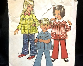 Vintage Simplicity 5219 Sewing Pattern 70s Toddler Girls Smock Top and Bell Bottom Pants Size 3