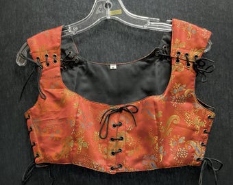 Red Brocade Cropped Lace-Up Vest Bodice Corset Boho Dance or Renaissance Faire Medium