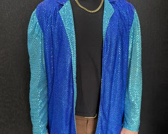 Blue Sequin Glitter Blazer Jacket Costume Disco Emcee Men's Size Large