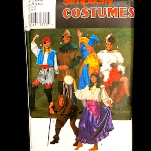 May include: A Simplicity Costumes pattern envelope featuring various costume designs. The costumes include a pirate, a medieval character, a jester, and a gypsy. The envelope has the number 7289 and size information.