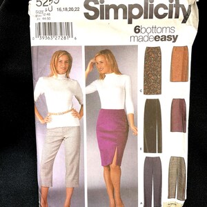 May include: Simplicity sewing pattern featuring six different bottom styles. The pattern includes images of a woman wearing a white turtleneck and various skirt and pant designs. The pattern size is U 16, 18, 20, and 22.