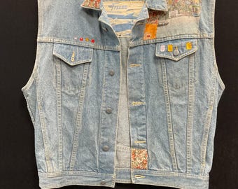 Vintage 1980s Freego Denim Decorated Patchwork Vest Size Medium
