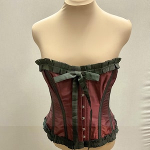 Burlesque Corset Professional Steel Boned Waist Trainer Burgundy Taffeta Black Ruffle Trim