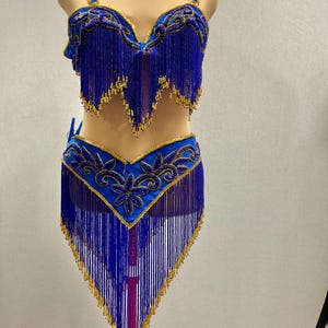 Professional Belly Dance Royal Blue Velvet with Gold Sequin & Beaded Bra Top and Belt Size L