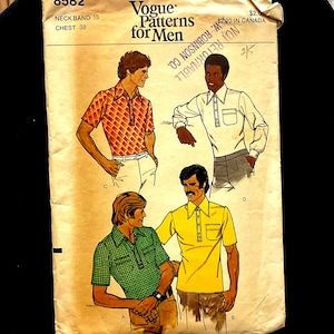 May include: Vintage Vogue Patterns for Men sewing pattern. The pattern features illustrations of men's shirts in various styles. The pattern's cover is beige with text and illustrations in black, red, and yellow.