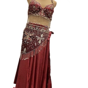 Professional Belly Dance Outfit Burgundy Sequin & Beaded Bra Top Skirt and Hip Scarf Size XL