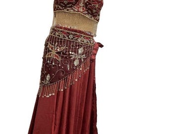 Professional Belly Dance Outfit Burgundy Sequin & Beaded Bra Top Skirt and Hip Scarf Size XL