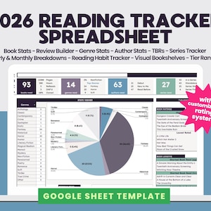 Könnte beinhalten: Ein Laptop-Bildschirm zeigt eine 2026 Reading Tracker-Tabelle. Die Tabelle enthält Buchstatistiken, Genre-Statistiken und einen Lesegewohnheits-Tracker. Ein Kreisdiagramm visualisiert Lesedaten. Der Text lautet "with customizable rating system."