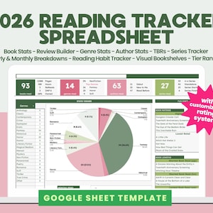 以下が含まれることがあります： 2026年の読書追跡用のデジタルスプレッドシートテンプレート。ラップトップの画面に表示されます。スプレッドシートには、書籍の統計、ジャンルの統計、ビジュアル本棚などの機能が含まれています。「GOOGLE SHEET TEMPLATE」というテキストが下部に表示されています。